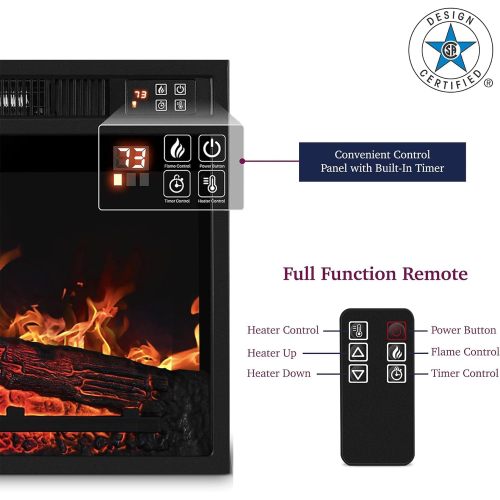 23" Electric Fireplace, 3DInfrared Black Fireplace Electric Insert Heater, with IR Remote Control, Glass View, Adjustable Realistic Logs & Flames