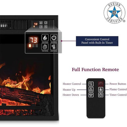 23" Electric Fireplace, 3DInfrared Black Fireplace Electric Insert Heater, with IR Remote Control, Glass View, Adjustable Realistic Logs & Flames