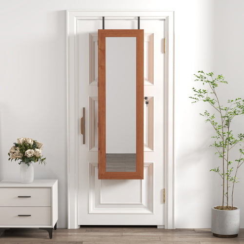 Solid Wood Jewelry Armoire Organizer Cabinet with Full-Length Mirror, 47.5x14.3 in Wall-Mounted Lockable with LED Light
