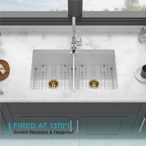 32"x19"x10" Undermount Double Bowl Porcelain Fireclay Kitchen Sink - Dual Mount White Fireclay Rectangular Deep Double Bowl Sink Basin