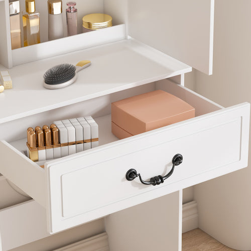Modern Mini Dressing Table with LED-lit Mirror & Hidden Storage,Includes Padded Stool,Adjustable Brightness Vanity Desk,Multi-tier Dust-proof Shelves,White