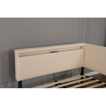 Twin Size Boucle Bed Frame, Upholstered Cloud Bed Frame with Headboard, with 2 Storage Drawers, LED light and USB Charging Design, Solid Wood Legs and Slats, No Box Spring Needed, Beige