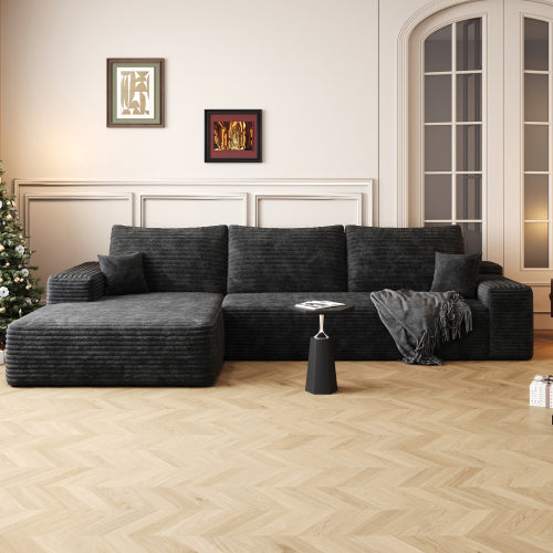 107 inch  Black Plush Corduroy L-Shape Cloud Modular Sectional Sofa, No Assembly