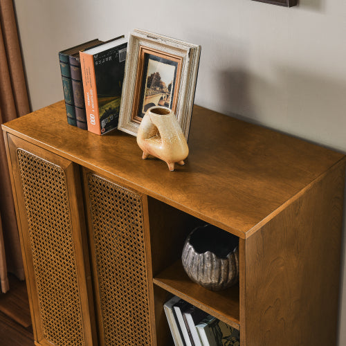Mid Century Rattan Sideboard Cabinet with Adjustable Shelves and Wood Legs Light Wood