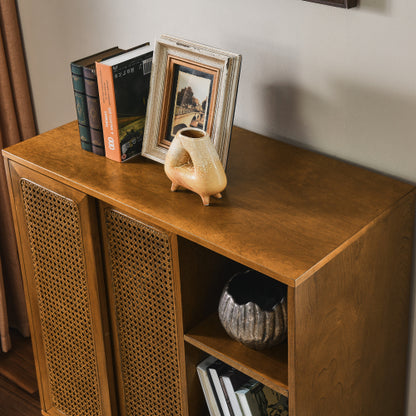 Mid Century Rattan Sideboard Cabinet with Adjustable Shelves and Wood Legs Light Wood