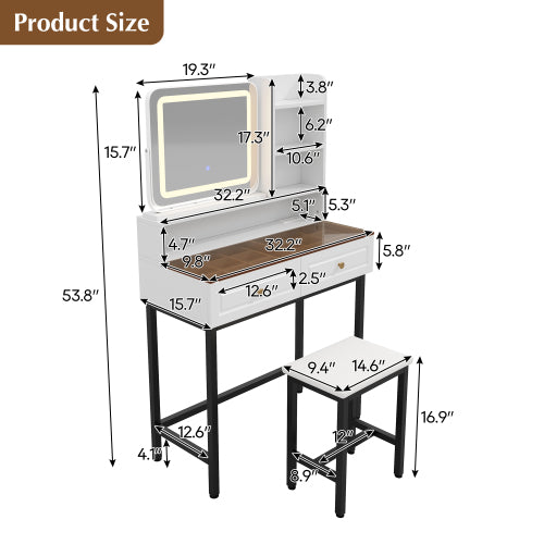 White Amber Glass Vanity Desk, 360° Rotatable LED Mirror, USB?AC Power Outlet, Metal Legs & PU Stool
