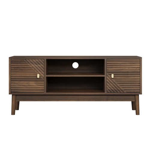43.31 Inch Walnut Mid-Century Grille Door TV Stand Solid Wood Leg Media Console for 45 Inch TV