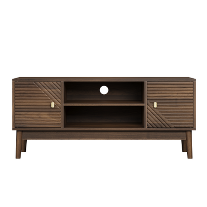 43.31 Inch Walnut Mid-Century Grille Door TV Stand Solid Wood Leg Media Console for 45 Inch TV