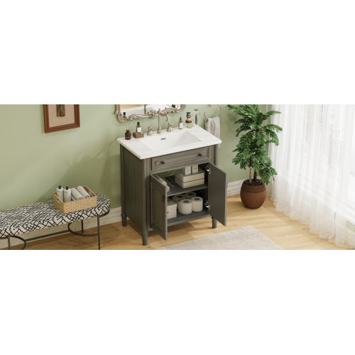 31" Vintage Bathroom Vanity with Sink, Rustic Bathroom Cabinet with Soft Close Doors and Adjustable Shelf, Curved Profile Design, Rubber Wood Legs, Gray
