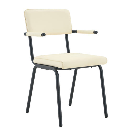 Set of 4 Modern Hangable Dining Chairs, Premium Leather, Hug Armrest, Metal Legs Off-White