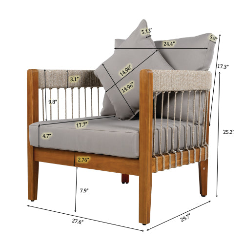 Acacia Wood Outdoor Club Chair with Handwoven Rope Accents & Curved Backrest - Water-Resistant Boho Patio Lounge Chair with Removable Cushions for Porch, Garden