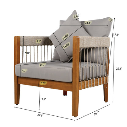 Acacia Wood Outdoor Club Chair with Handwoven Rope Accents & Curved Backrest - Water-Resistant Boho Patio Lounge Chair with Removable Cushions for Porch, Garden