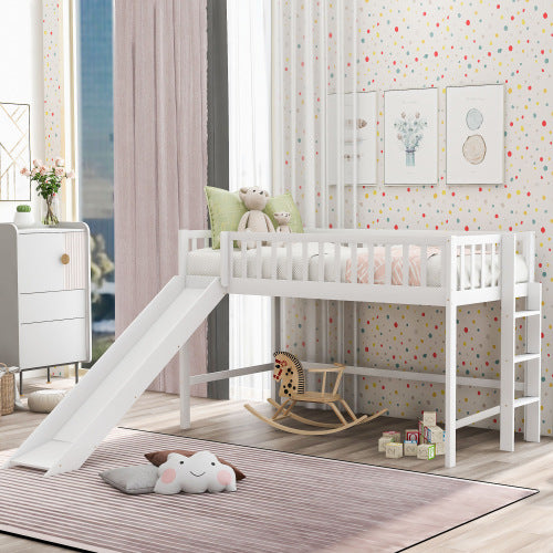 Twin Size Low Loft Bed with Ladder and Slide,White