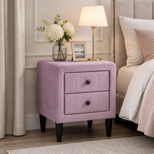 Light Pink Velvet 2-Drawer Upholstered Nightstand, 20inchW, Black Tapered Legs