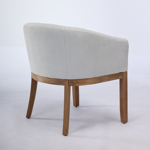 Single Beige Mid-Century Barrel Linen Arm Dining Chair, Farmhouse Style, Natural Rubberwood Frame