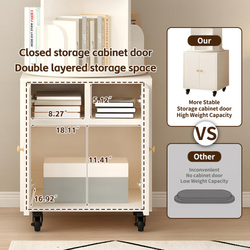 White 5-Tier Rotating Bookshelf with Double Door Drawer, Slim Wooden Corner Storage Cabinet for Home