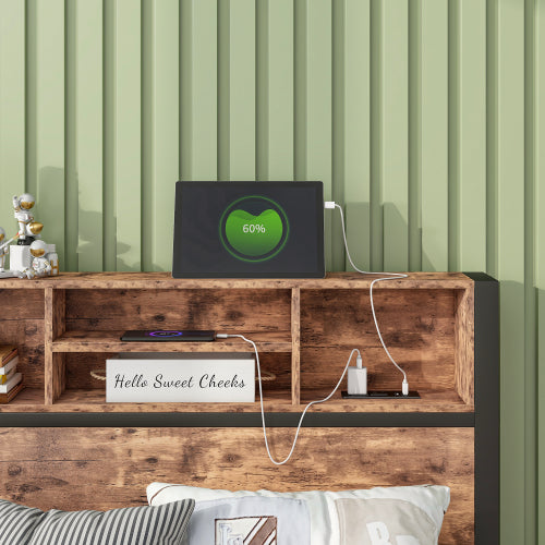 Twin Size Bed Frame with Storage Headboard, Metal Platform Bed with Charging Station,  Bookcase Storage, Easy Assembly