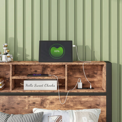 Twin Size Bed Frame with Storage Headboard, Metal Platform Bed with Charging Station,  Bookcase Storage, Easy Assembly