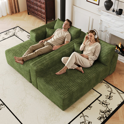 103 inch  Green Plush Corduroy L-Shape Cloud Modular Sofa, No Assembly