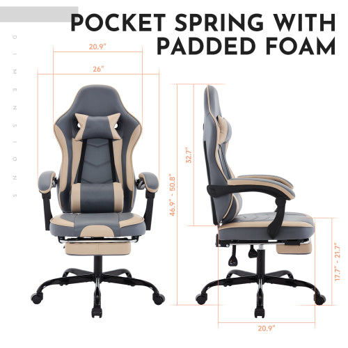 Gaming Chair, Ergonomic Computer Chair with Footrest and Massage Lumbar Support, Height Adjustable Swivel Video Game Chair for Adults, 300lb Max, Blue Beige