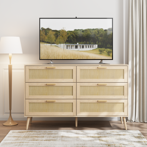 6 Drawers Chest of Dressers for Bedroom, Modern 6 Drawer Dresser, Wide Chest of Drawers with wood Handles, Rattan Dresser Storage Cabinet for Living Room, Bedroom, Hallway