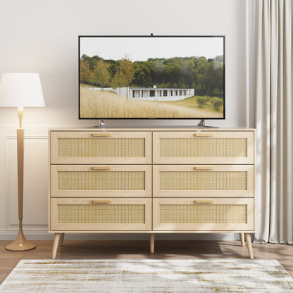 6 Drawers Chest of Dressers for Bedroom, Modern 6 Drawer Dresser, Wide Chest of Drawers with wood Handles, Rattan Dresser Storage Cabinet for Living Room, Bedroom, Hallway