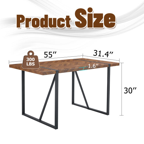 Retro Dining Table with Fishbone Textured Top & Black Metal Legs