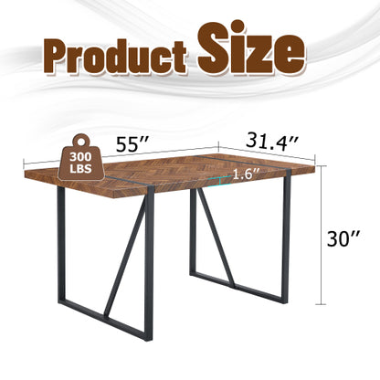 Retro Dining Table with Fishbone Textured Top & Black Metal Legs