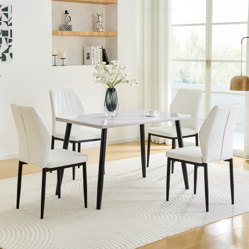 5-Piece White Tempered Glass Dining Set, Marble Texture Table with 4 PU Shell Pattern Dining Chairs
