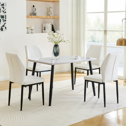 5-Piece White Tempered Glass Dining Set, Marble Texture Table with 4 PU Shell Pattern Dining Chairs
