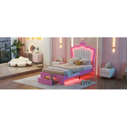 Twin Size Upholstered Bed Frame with LED Lights, Modern Upholstered Princess Bed with Crown Headboard, a Drawer, Pink+White