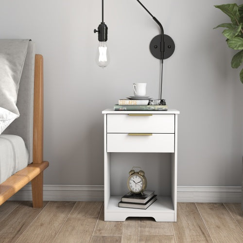 Nighstand With 2 Drawers,End Table,Nightstand with Open Space,Golden Handle,Morden Design,For Living Room,Bedroom,Easy Assemble,White