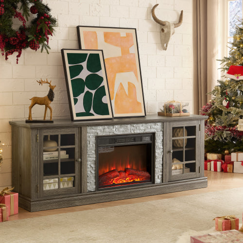 70 Inch TV Stand with Electric Fireplace Grey Faux Stone Entertainment Center