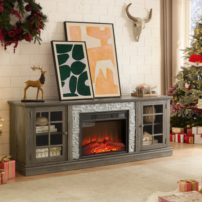 70 Inch TV Stand with Electric Fireplace Grey Faux Stone Entertainment Center