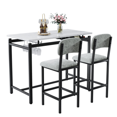3-Piece Marble Finish Dining Set, Black Table & 2 Grey PU Upholstered Chairs