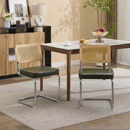 Set of 2 Mid-Century Cane Rattan Dining Chairs, Solid Wood Frame, Olive Faux Leather Seat, Cantilever Chrome Metal Base