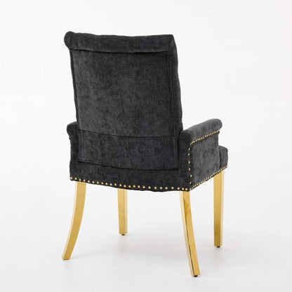 Single Black Tufted High-Back Chenille Arm Dining Chair, Nailhead Trim, S-Spring Cushion, Polished Stainless Steel Legs