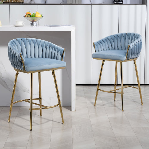 26inch  Counter height bar stools Set of 2 kitchen island counter bar stool with hand- wave back, golden chromed base and footrest(BLUE)