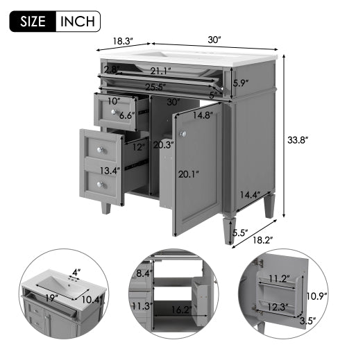 30'' Bathroom Vanity with Top Sink, Modern Bathroom Storage Cabinet with 2 Drawers and a Tip-out Drawer, Single Sink Bathroom Vanity