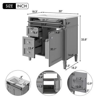 30'' Bathroom Vanity with Top Sink, Modern Bathroom Storage Cabinet with 2 Drawers and a Tip-out Drawer, Single Sink Bathroom Vanity