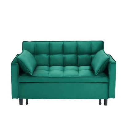 55-Inch Green Velvet 3-in-1 Convertible Sleeper Loveseat Sofa-Bed with Side Pockets for Living-Room Guest-Room