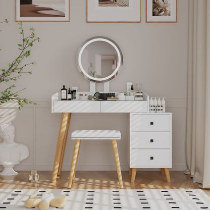 White LED Vanity Desk with Glass Top & Extendable Side Table, 5 Drawers, Mirror & Stool, Padded Leather Seat