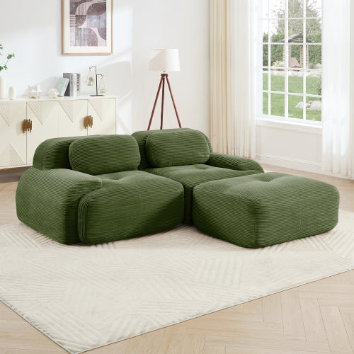 82-Inch Olive Green Corduroy L-Shaped Modular Sectional Sofa Curved Armrest
