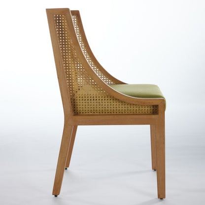 Single Olive Green Rustic Solid Wood Arm Rattan Dining Chair, Natural Finish Linen Upholstered Side Accent Chair