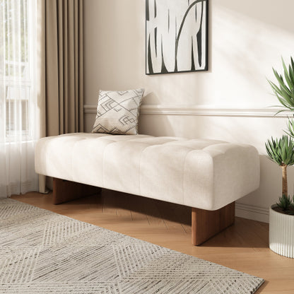 Beige Tufted Rectangular Linen Ottoman Bench, Upholstered Fabric Foot Stool with Rubber Wood Legs for Entryway & Bedroom
