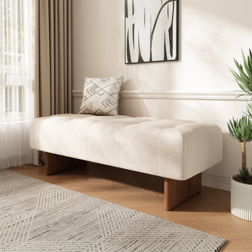 Beige Tufted Rectangular Linen Ottoman Bench, Upholstered Fabric Foot Stool with Rubber Wood Legs for Entryway & Bedroom