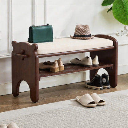 Solid Wood Shoe Bench, 2-Tier Wooden Entryway Bench, Modern Shoe Rack with Faux Leather Cushion for Hallway, Living Room (Walnut, 31.5'')