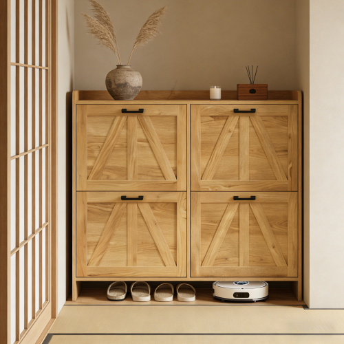 Light Oak Rustic Barn-Door Shoe Cabinet with 4 Flip Drawers, Sleek Space-Saving Entryway Organizer for Living Room