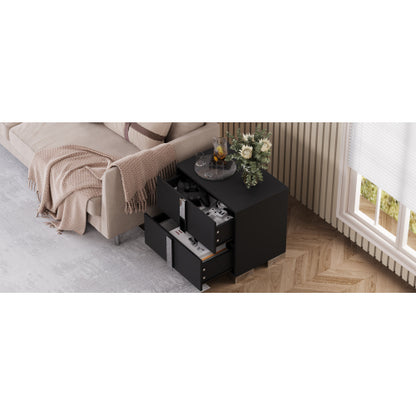 Modern End Table with Drawers, Elegant Nightstand with Metal Foot,Wood Bedside Table with Mirrored Metal Handles,Sofa Side End Table for Bedroom Living Room Office,Black