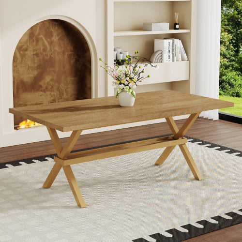 Light Wood Grain MDF Dining Table with X-Shaped Metal Bracket